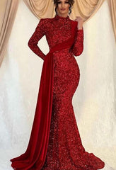 Emerald Green Sequin Evening Dress Long Sleeve Mermaid Prom Dress