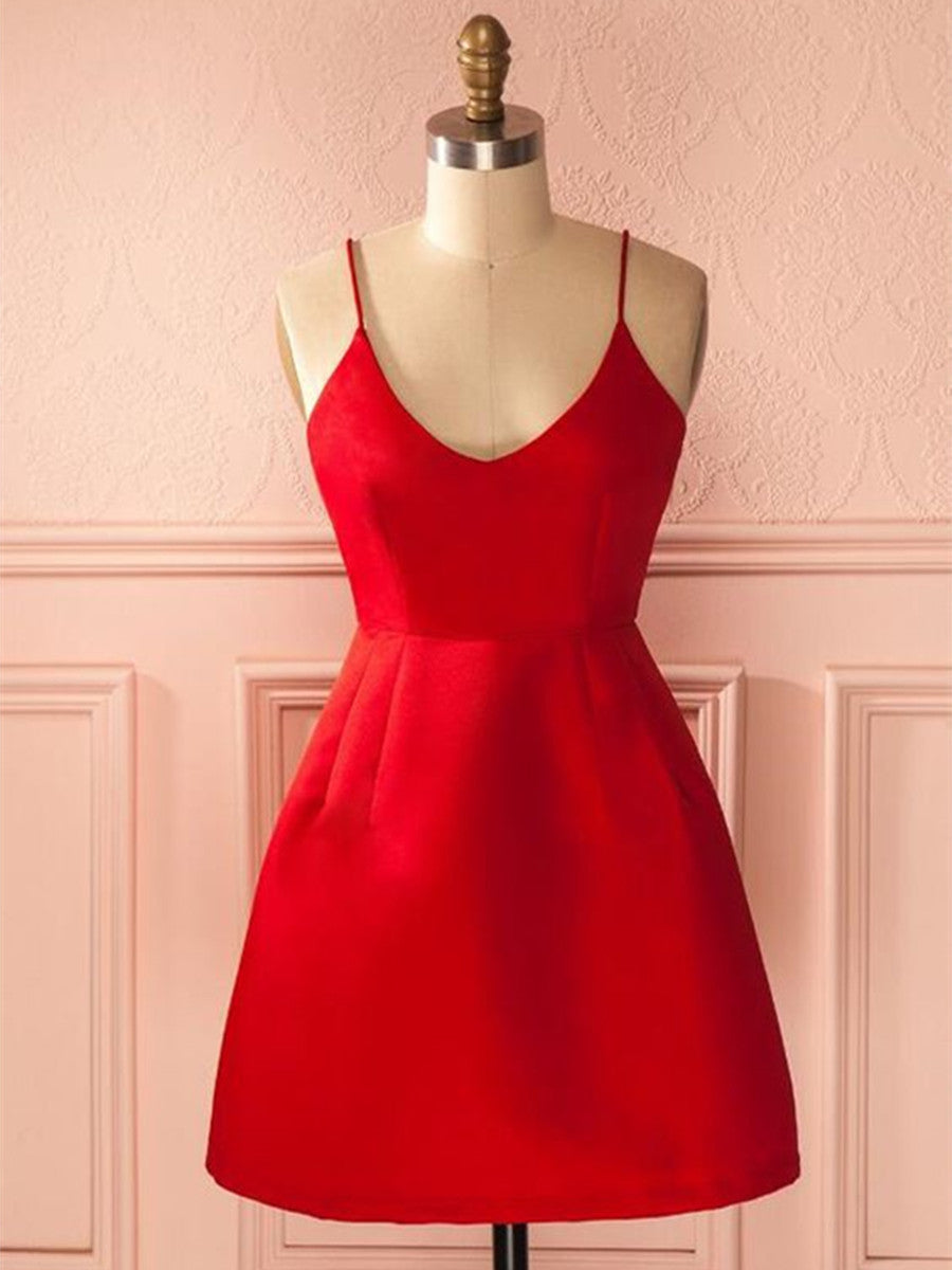 A Line Backless Short Red Prom Dresses, Short Red Satin Homecoming Graduation Dresses, Red Formal Dresses
