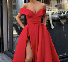 Off Shoulder Red/ Blue High Slit Prom Dresses, Off Shoulder Formal Dresses, Graduation Dresses