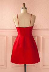 A Line Backless Short Red Prom Dresses, Short Red Satin Homecoming Graduation Dresses, Red Formal Dresses