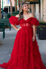 Princess Off-Shoulder Light Blue Ruffle Long Prom Dress with Balloon Sleeves