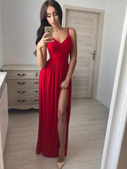 Custom Made A Line V Neck Red Floor Length Prom Dresses, Red Long Formal Dresses