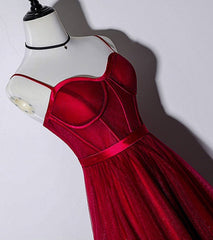 Beautiful Dark Red Tea Length Straps Wedding Party Dress, Homecoming Dress