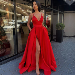 A Line Satin V Neck Burgundy 2024 Prom Dresses Spaghetti Straps