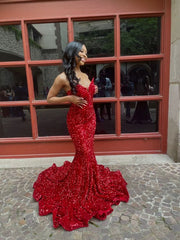 Long Red Prom Dresses Glitter Sequin Mermaid Evening Dress UK
