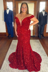 Sparkly Plus Size Sequin Prom Dresses Mermaid Off Shoulder Blue Evening Dress