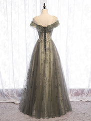 A-Line Evening Gown Elegant Dress Wedding Guest Engagement Floor Length Short Sleeve Illusion Neck Tulle with Pleats