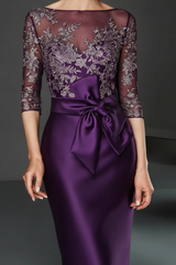 Bateau 3/4 Long Sleeves Satin Mother of the Bride Dresses with Lace