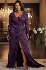 V-Neck Black Mother of the Bride Dress Long Sleeves lace Front Slit Wedding Guest Dress