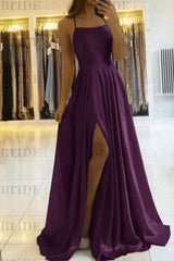 Simple Prom Dress Long With Spaghetti Straps Front Slit Satin Evening Dress