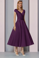 Navy Satin A-Line Mother of the Bride Dress V Neck Tea Length Wedding Guest Dress