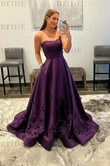 Strapless Light Blue Satin Prom Dresses 3D Flowers A-line Evening Dresses with Pocket