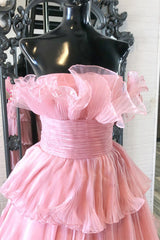 Strapless Banded Waist Tiered Long Prom Gown with Ruffles