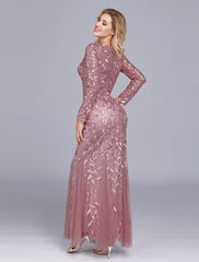 Mermaid / Trumpet Empire Elegant Party Wear Formal Evening Valentine's Day Dress Jewel Neck Long Sleeve Floor Length Tulle with Embroidery 2024 / Illusion Sleeve