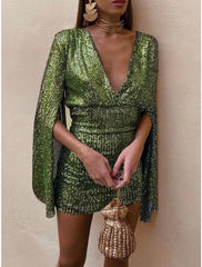 Women's Sequin Dress Party Dress Sparkly Dress Homecoming Dress Cocktail Dress Mini Dress Champagne Dark Green Dark Blue Long Sleeve Sparkly Glitter Spring Fall Winter Deep V Fashion
