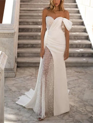 Wholesale Beach Glitter & Sparkle Wedding Dresses A-Line Sweetheart Sleeveless Sweep / Brush Train Satin Bridal Gowns With Ruched Beading