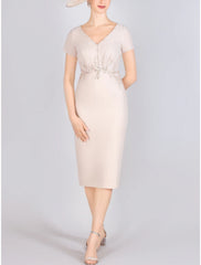 Two Piece Mother of the Bride Dress Wedding Guest Elegant Petite V Neck Knee Length Chiffon 3/4 Length Sleeve with Beading Appliques