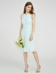 Sheath / Column Jewel Neck Knee Length Chiffon Bridesmaid Dress with Ruched / Side Draping