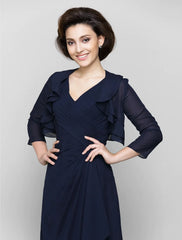 Sheath / Column Mother of the Bride Dress Convertible Dress V Neck Floor Length Chiffon 3/4 Length Sleeve with Criss Cross Cascading Ruffles