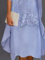 Two Piece Sheath / Column Mother of the Bride Dress Elegant Jewel Neck Tea Length Chiffon Lace Sleeveless Jacket Dresses with Appliques