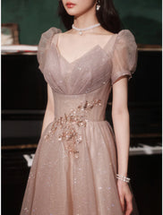 A-Line Prom Party Dress Sparkle & Shine Dress Prom Valentine‘s Day Floor Length Short Sleeve V Neck Tulle with Sequin