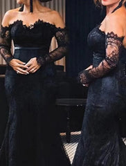 Mermaid / Trumpet Evening Gown Maxi Dress Formal Wedding Party Chapel Train Long Sleeve Off Shoulder Lace with Buttons Appliques