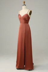 Sheath Straps Spaghetti Satin Bridesmaid Dress With Slit
