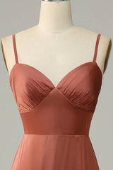 Sheath Straps Spaghetti Satin Bridesmaid Dress With Slit