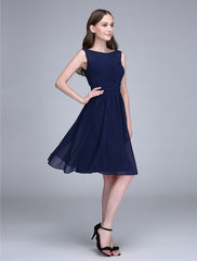 A-Line Bridesmaid Dress Jewel Neck Sleeveless Knee Length Chiffon with Ruched