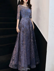 A-Line Evening Gown Elegant Dress Wedding Guest Formal Evening Floor Length Half Sleeve Jewel Neck Tulle with Embroidery Pattern / Print