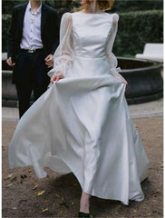 Wholesale Beach Little White Dresses Wedding Dresses A-Line Boat Neck Long Sleeve Floor Length Satin Bridal Gowns With Pleats Solid Color