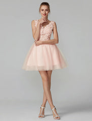 A-Line Party Dress Wedding Guest Homecoming Short / Mini Sleeveless V Neck Lace Over Tulle with Crystals Appliques