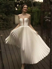 Reception Little White Dresses Wedding Dresses A-Line Sweetheart Strapless Ankle Length Lace Bridal Gowns With Pleats Solid Color