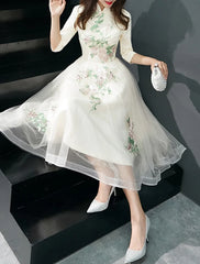 A-Line Cocktail Dresses Elegant Dress Wedding Guest Party Wear Tea Length Half Sleeve Stand Collar Tulle with Appliques