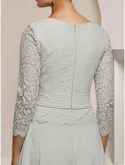Aimishang A-Line Mother of the Bride Dress Wedding Guest Elegant Jewel Neck Ankle Length Chiffon Long Sleeve with Lace Pleats Appliques