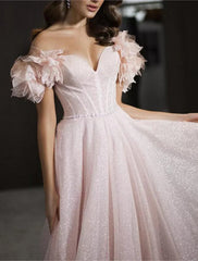 A-Line Prom Dresses Glittering Dress Prom Birthday Floor Length Sleeveless Off Shoulder Tulle with Glitter Crystals