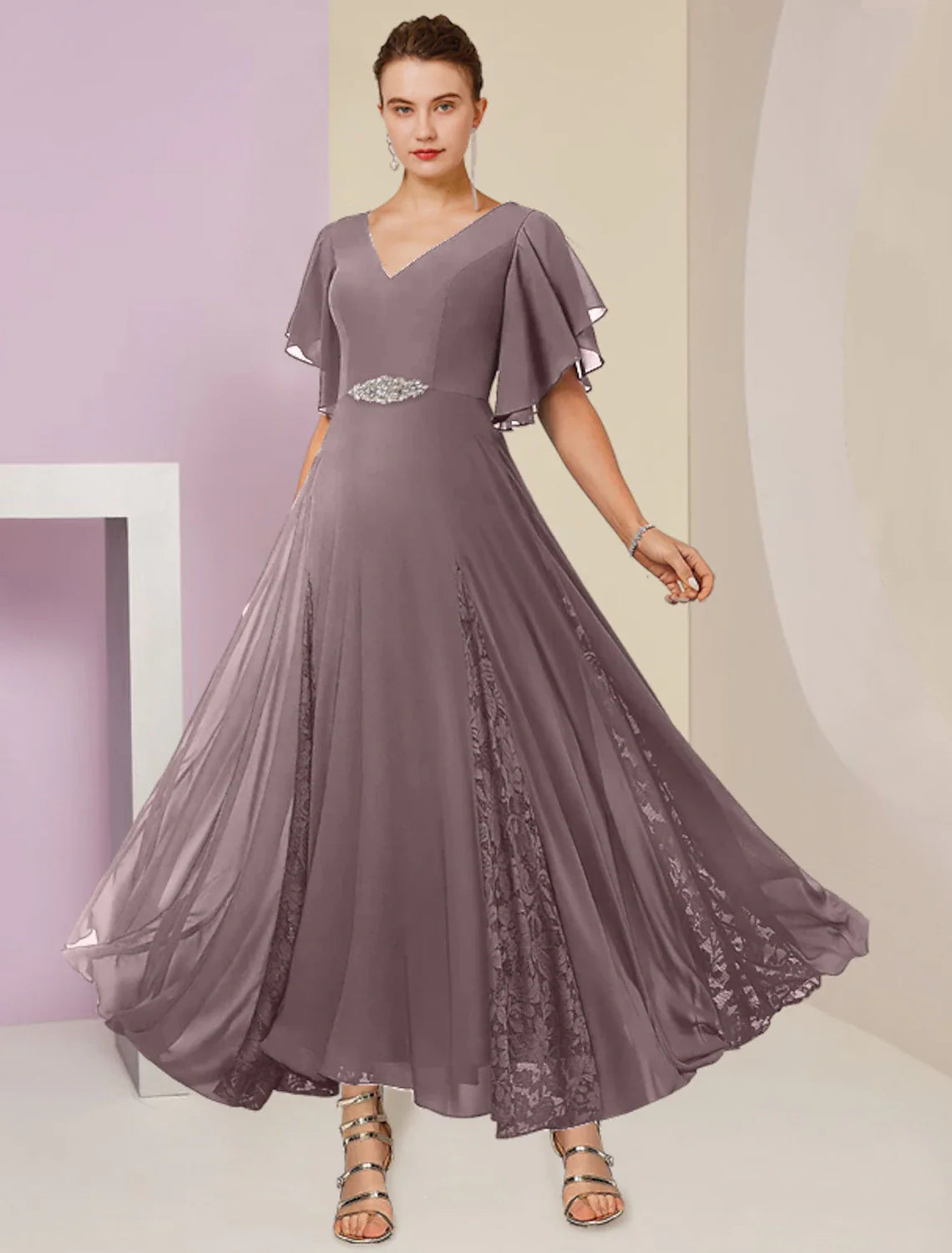 A-Line Mother of the Bride Dress Formal Wedding Guest Elegant V Neck Ankle Length Chiffon Lace Short Sleeve with Pleats Crystal Brooch