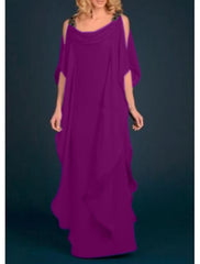 Sheath / Column Mother of the Bride Dress Wedding Guest Elegant Plus Size Scoop Neck Floor Length Chiffon Half Sleeve with Appliques