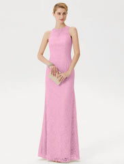 Sheath / Column Mother of the Bride Dress Elegant See Through Illusion Neck Floor Length Lace Sleeveless with Crystals Beading