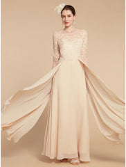Aimishang  A-Line Mother of the Bride Dress Wedding Guest Elegant Jewel Neck Ankle Length Chiffon Lace Long Sleeve with Ruching Solid Color