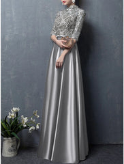 A-Line Mother of the Bride Dress Wedding Guest Elegant Vintage High Neck Floor Length Satin Half Sleeve with Bow(s) Appliques