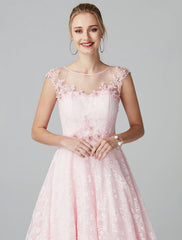A-Line Prom Dresses Floral Dress Evening Party Ankle Length Short Sleeve Illusion Neck Lace Zipper with Appliques