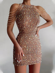 Women's Fringe Dress Pink Black Sequin Dress Party Dress Sparkly Dress Homecoming Dress Bodycon Mini Dress Black Sleeveless Tassel Beads Spring Crew Neck Hot Elegant