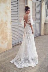 Romantic Ivory Flower Appliques Wedding Dress, Lace Long Bridal Dresses