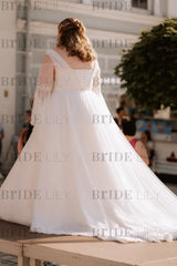 Romantic Lace Wedding Dress Aline Plus Size Long Sleeves with Chapel Train