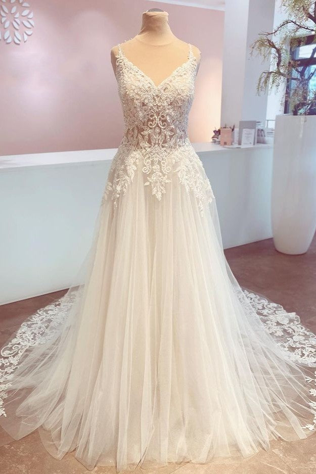 Romantische lange A-lijn spaghetti riemen appliques kant backless trouwjurk