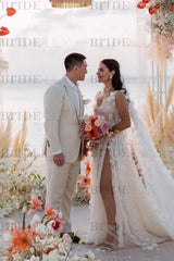 Romantic Tulle Lace Aline Wedding Dress V-Neck Long Bridal Dress