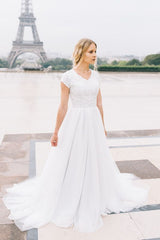Romantic White V-Neck A-line Lace Chiffon Wedding Dress
