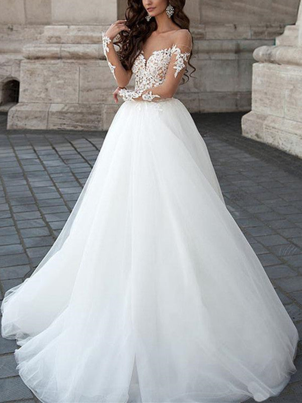 Round Neck Backless Lace Aline White Wedding Dress Long Sleeves
