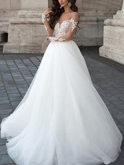 Round Neck Backless Lace Aline White Wedding Dress Long Sleeves